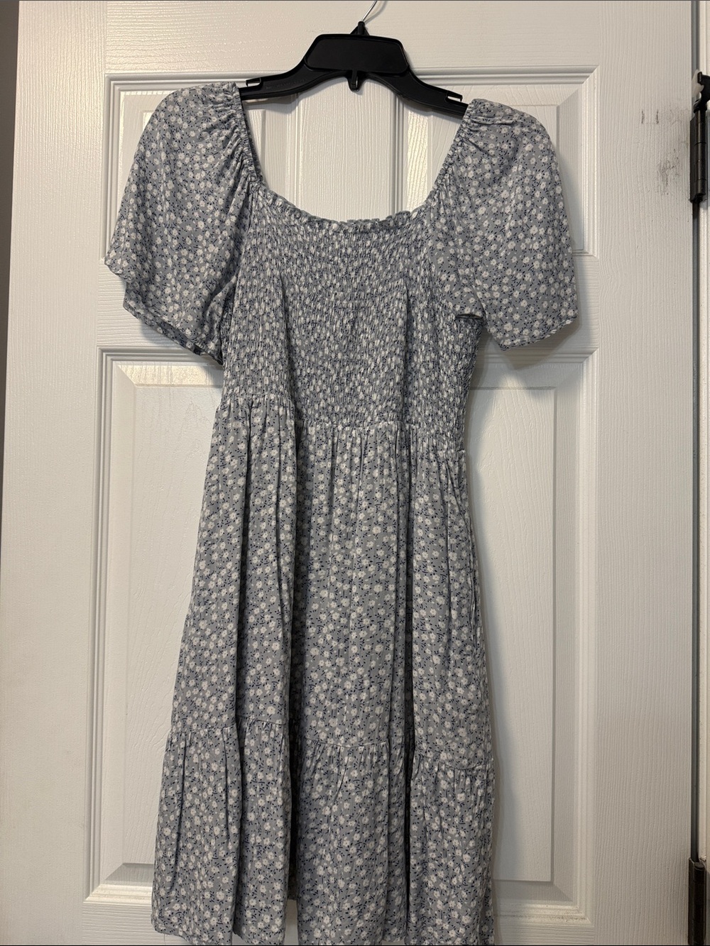 Smocked Floral Midi Dress in Light Blue